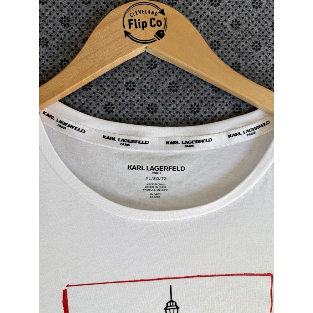 KARL LAGERFELD Womens Blouse XL Love From Paris White Crew Neck Short Sleeve NWT - Picture 3 of 10